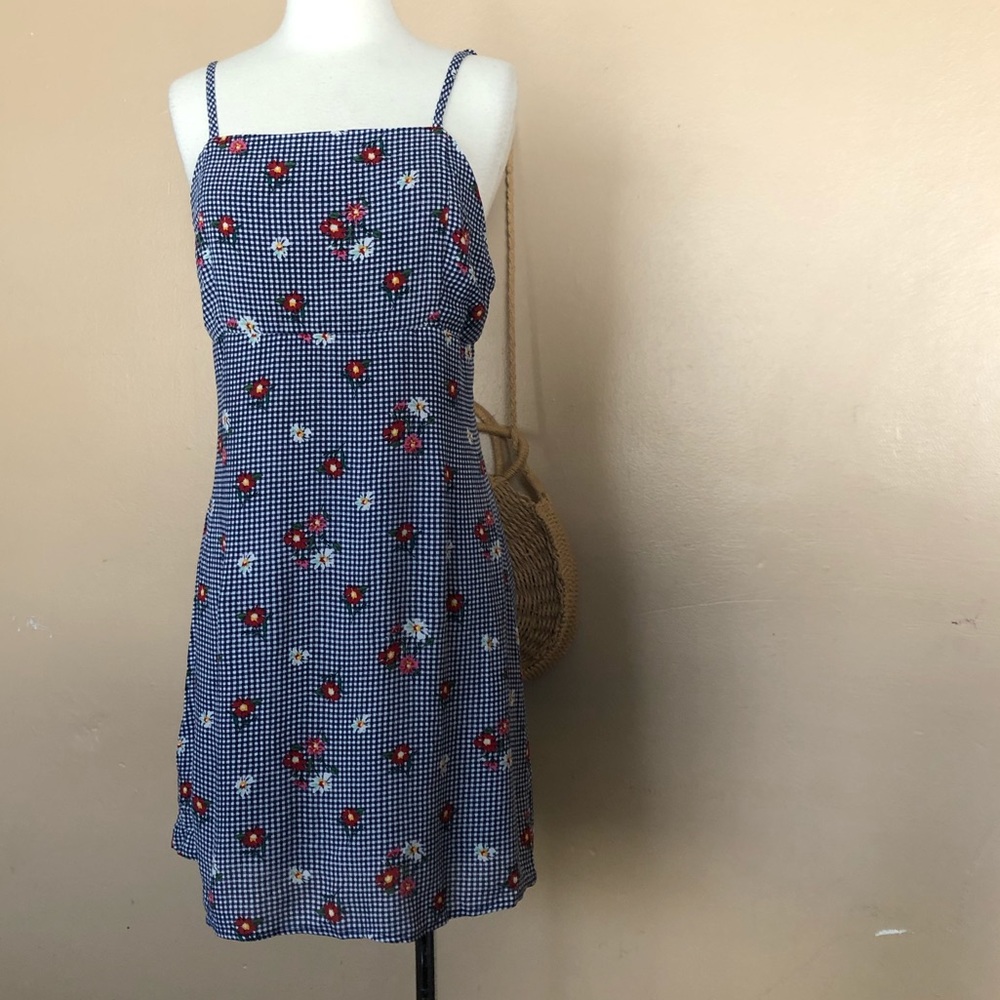 Blue gingham with floral print summer dress